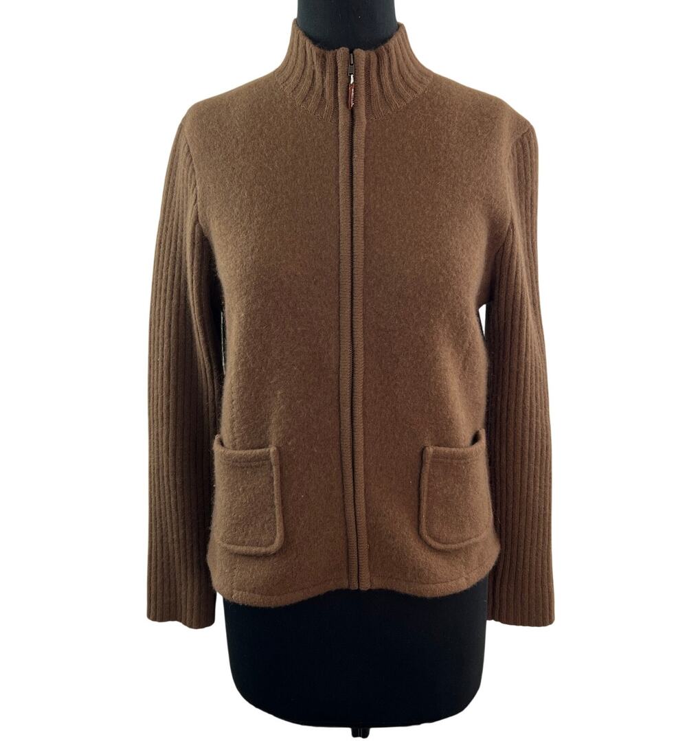 VINTAGE J.McLaughlin Brown Cardigan Sweater Wool Warm Knit Full Zip Sz Medium M
